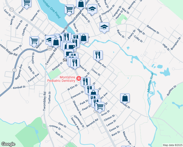 map of restaurants, bars, coffee shops, grocery stores, and more near 46 School Street in Sanford