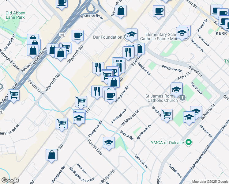 map of restaurants, bars, coffee shops, grocery stores, and more near 466 Speers Road in Oakville