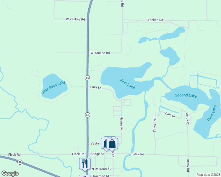 map of restaurants, bars, coffee shops, grocery stores, and more near 3162 Love Lane in Six Lakes