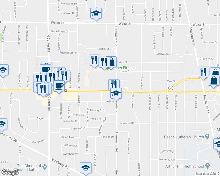 map of restaurants, bars, coffee shops, grocery stores, and more near 4550 State Street in Saginaw
