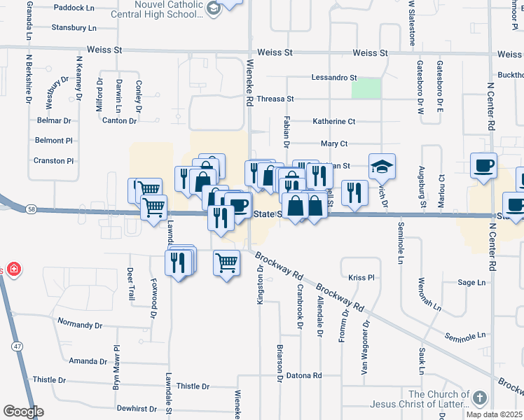 map of restaurants, bars, coffee shops, grocery stores, and more near 5720 State Street in Saginaw