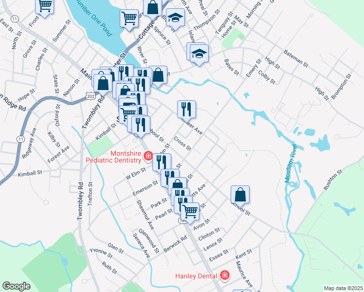 map of restaurants, bars, coffee shops, grocery stores, and more near 12 Cross Street in Sanford