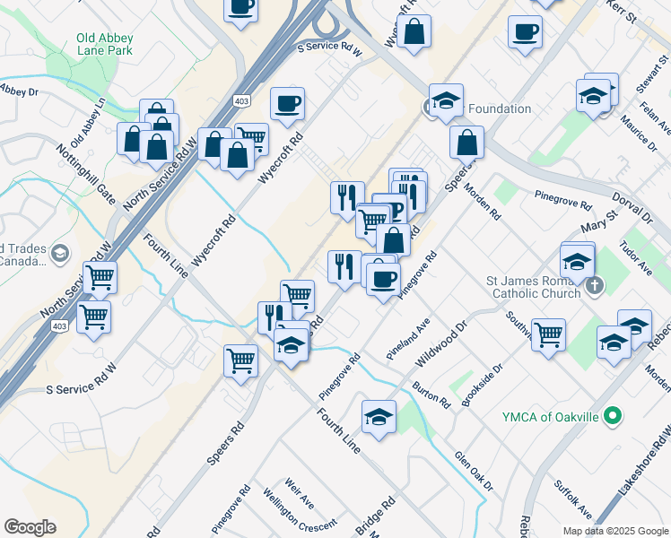 map of restaurants, bars, coffee shops, grocery stores, and more near 513 Speers Road in Oakville
