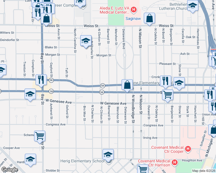 map of restaurants, bars, coffee shops, grocery stores, and more near 2121 Barnard Street in Saginaw