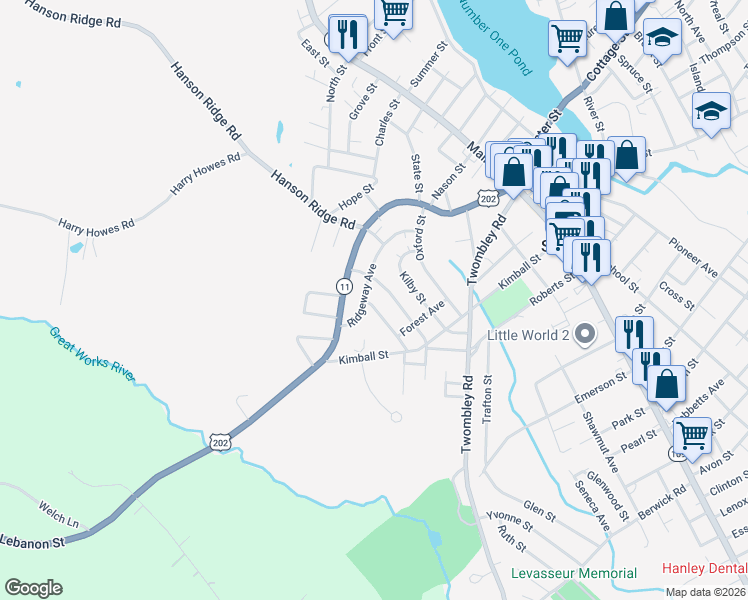 map of restaurants, bars, coffee shops, grocery stores, and more near 6 Freemont Street in Sanford
