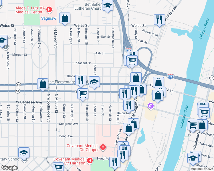map of restaurants, bars, coffee shops, grocery stores, and more near 2116 Stark Street in Saginaw