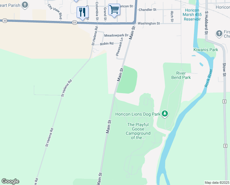 map of restaurants, bars, coffee shops, grocery stores, and more near 1918 Main Street in Horicon