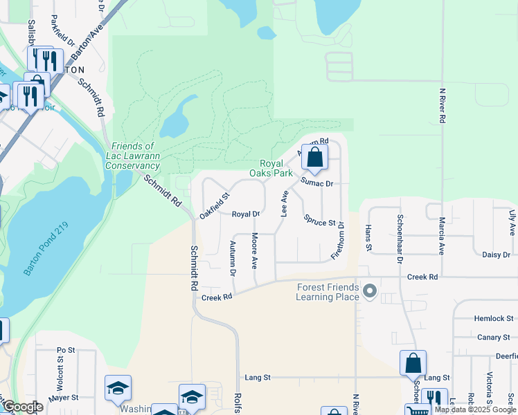 map of restaurants, bars, coffee shops, grocery stores, and more near 1307 Royal Drive in West Bend