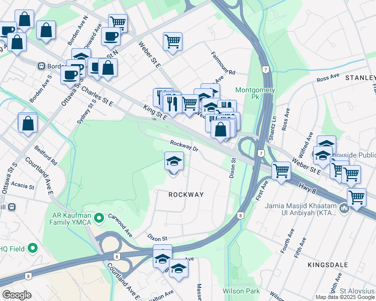 map of restaurants, bars, coffee shops, grocery stores, and more near 34 Doon Road in Kitchener