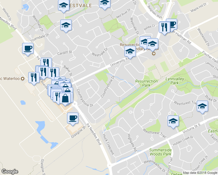 map of restaurants, bars, coffee shops, grocery stores, and more near 279 Resurrection Drive in Kitchener