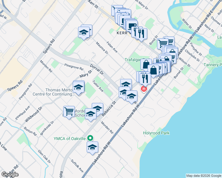 map of restaurants, bars, coffee shops, grocery stores, and more near 257 Hanover Street in Oakville