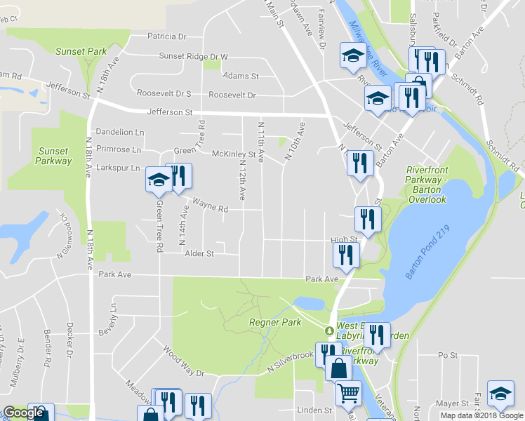 map of restaurants, bars, coffee shops, grocery stores, and more near 1101 Wayne Road in West Bend