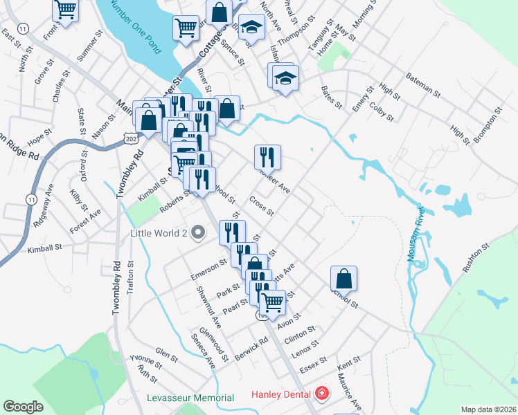 map of restaurants, bars, coffee shops, grocery stores, and more near 1 Cross Street in Sanford