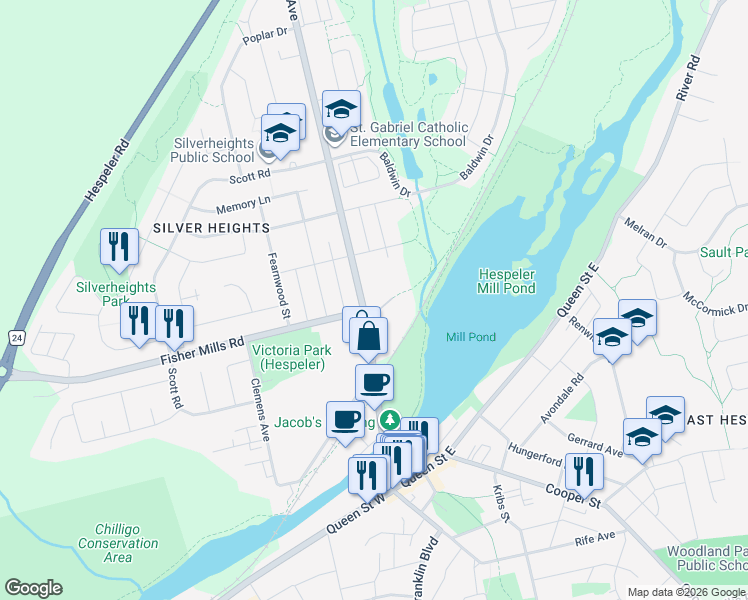 map of restaurants, bars, coffee shops, grocery stores, and more near 171 Guelph Avenue in Cambridge