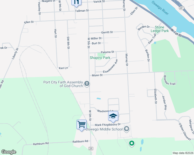 map of restaurants, bars, coffee shops, grocery stores, and more near 248 Munn Street in Oswego