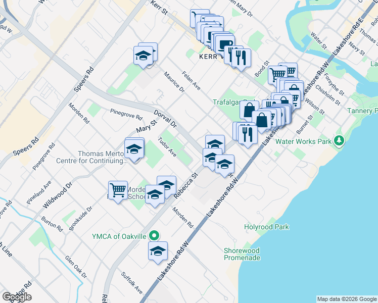 map of restaurants, bars, coffee shops, grocery stores, and more near 249 Hanover Street in Oakville