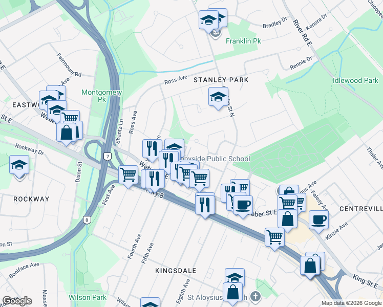 map of restaurants, bars, coffee shops, grocery stores, and more near 428 Prospect Avenue in Kitchener