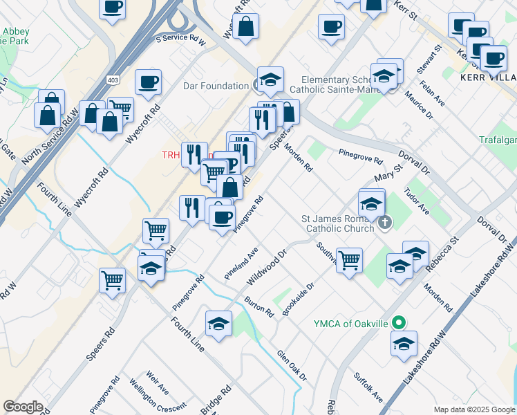 map of restaurants, bars, coffee shops, grocery stores, and more near 440 Pinegrove Road in Oakville