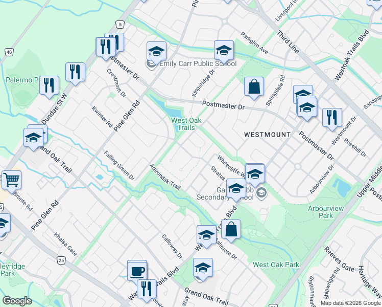 map of restaurants, bars, coffee shops, grocery stores, and more near 2299 Stratus Drive in Oakville