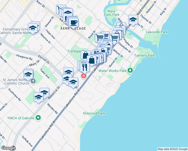 map of restaurants, bars, coffee shops, grocery stores, and more near in Oakville