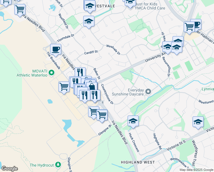 map of restaurants, bars, coffee shops, grocery stores, and more near 14 Iron Gate Street in Kitchener