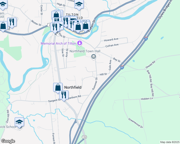 map of restaurants, bars, coffee shops, grocery stores, and more near 23 Spring Street in Northfield