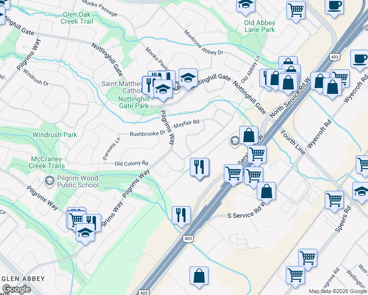 map of restaurants, bars, coffee shops, grocery stores, and more near 1163 Montgomery Drive in Oakville