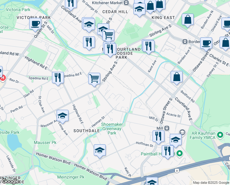 map of restaurants, bars, coffee shops, grocery stores, and more near 262 Mill Street in Kitchener