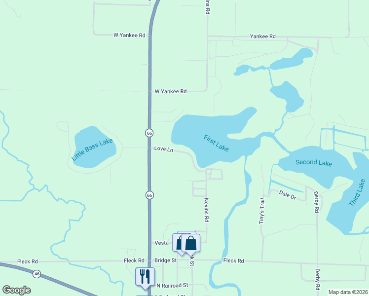 map of restaurants, bars, coffee shops, grocery stores, and more near 3162 Love Lane in Six Lakes