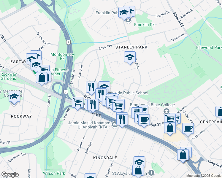 map of restaurants, bars, coffee shops, grocery stores, and more near 414 Prospect Avenue in Kitchener