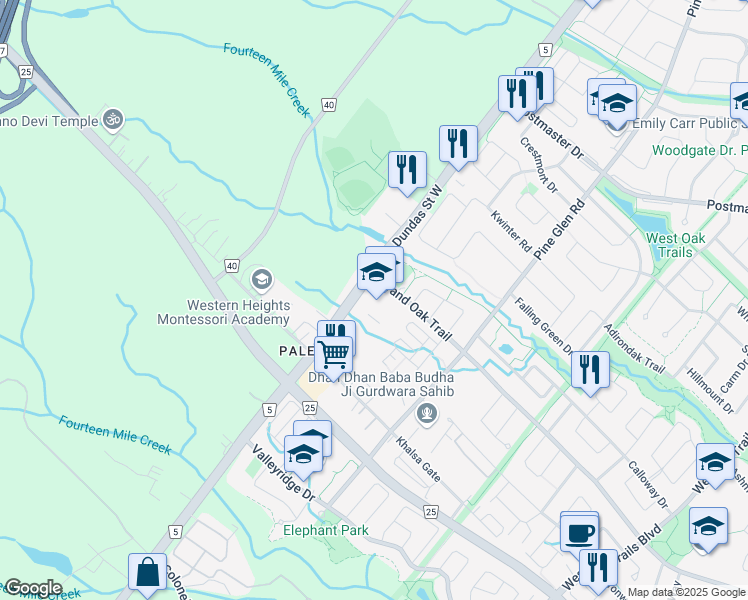 map of restaurants, bars, coffee shops, grocery stores, and more near 2600 Grand Oak Trail in Oakville