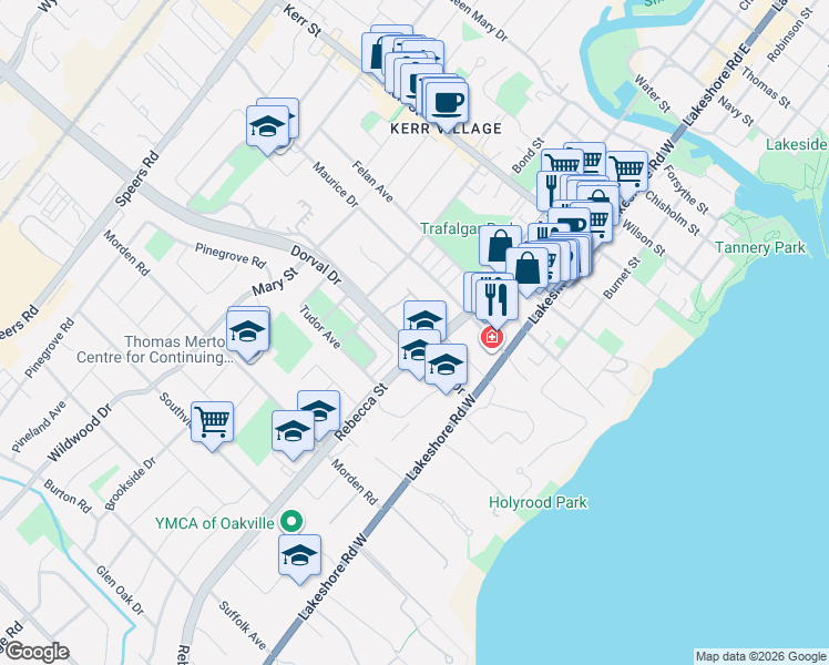 map of restaurants, bars, coffee shops, grocery stores, and more near 165 Margaret Drive in Oakville