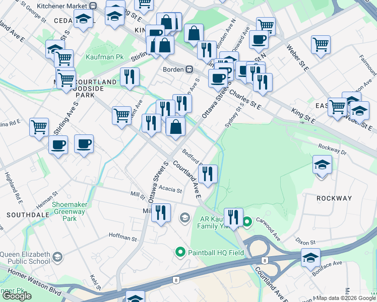 map of restaurants, bars, coffee shops, grocery stores, and more near 161 Ottawa Street South in Kitchener