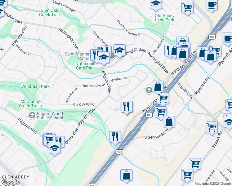 map of restaurants, bars, coffee shops, grocery stores, and more near 1163 Montgomery Drive in Oakville