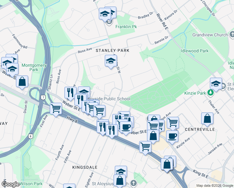 map of restaurants, bars, coffee shops, grocery stores, and more near 140 Franklin Street North in Kitchener