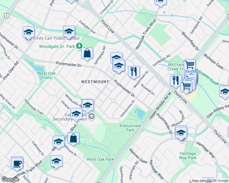 map of restaurants, bars, coffee shops, grocery stores, and more near 2136 Golden Orchard Trail in Oakville