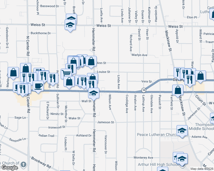 map of restaurants, bars, coffee shops, grocery stores, and more near 4408 State Street in Saginaw