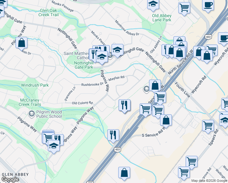 map of restaurants, bars, coffee shops, grocery stores, and more near 1151 Manor Road in Oakville