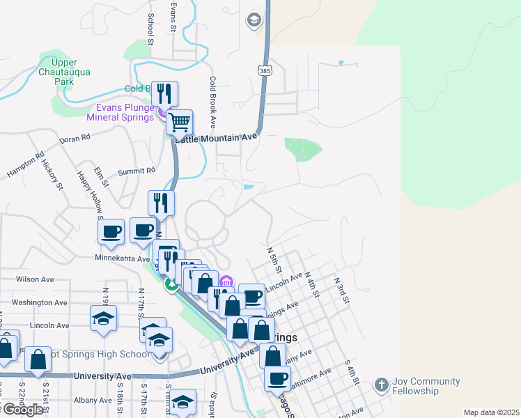 map of restaurants, bars, coffee shops, grocery stores, and more near 500 North 5th Street in Hot Springs