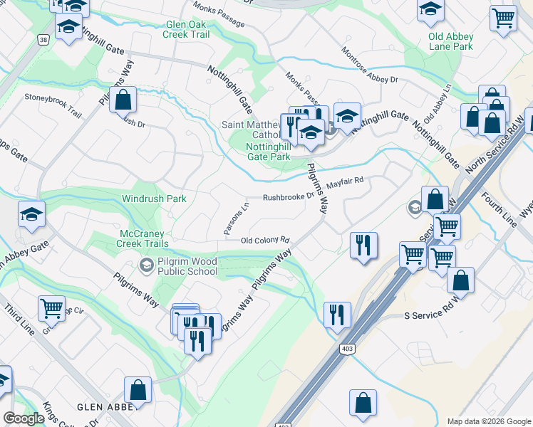 map of restaurants, bars, coffee shops, grocery stores, and more near 1213 Rosethorne Road in Oakville