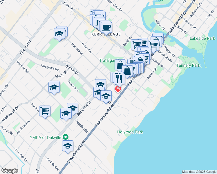 map of restaurants, bars, coffee shops, grocery stores, and more near 216 Rebecca Street in Oakville