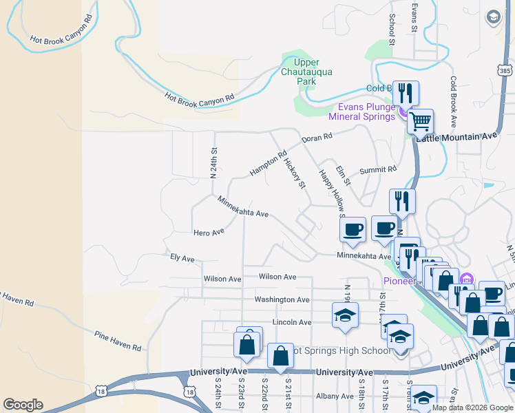 map of restaurants, bars, coffee shops, grocery stores, and more near 20490-20494 Minnekahta Avenue in Hot Springs