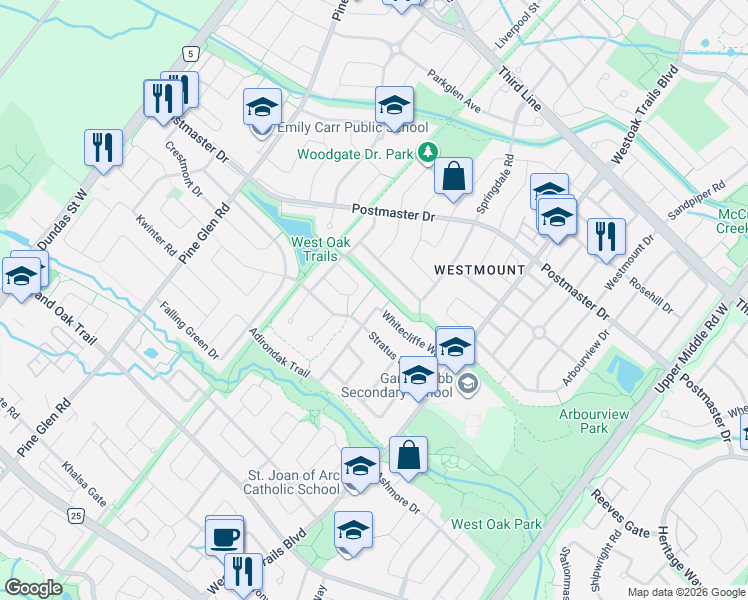 map of restaurants, bars, coffee shops, grocery stores, and more near 2275 Whitecliffe Way in Oakville