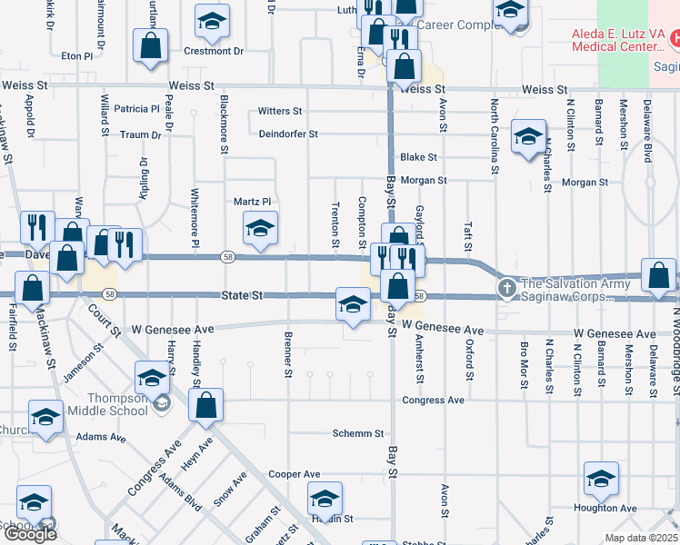 map of restaurants, bars, coffee shops, grocery stores, and more near 2810 State Street in Saginaw