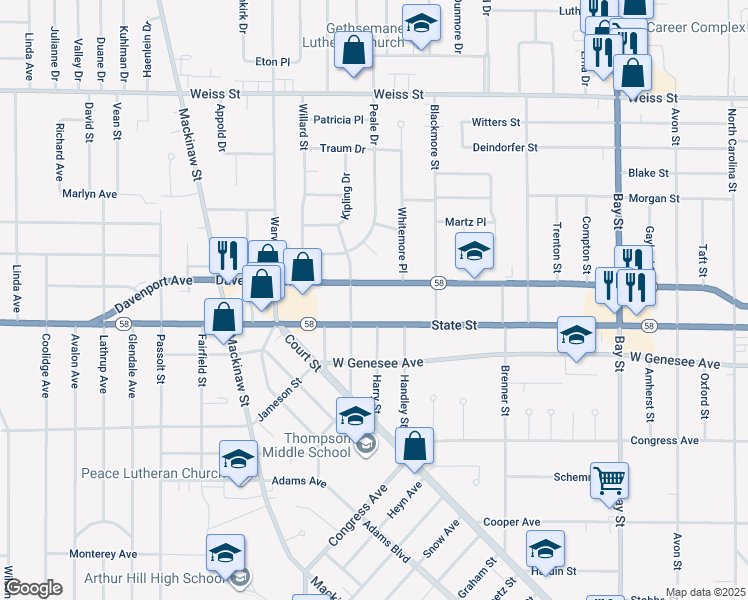 map of restaurants, bars, coffee shops, grocery stores, and more near 2110 North Morson Street in Saginaw