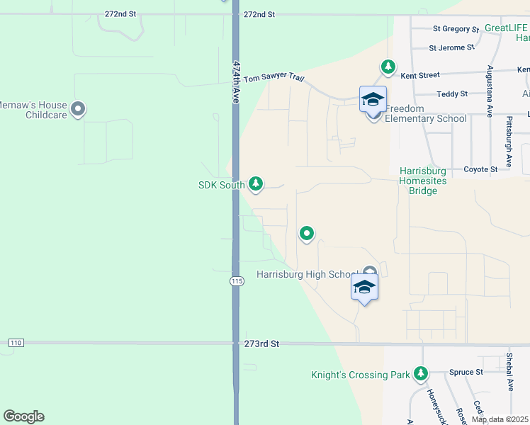 map of restaurants, bars, coffee shops, grocery stores, and more near 27260 South Dakota 115 in Harrisburg