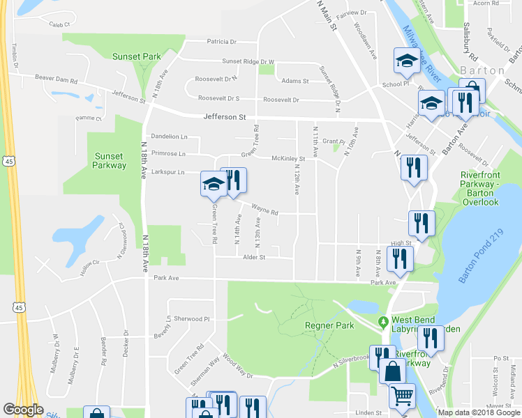map of restaurants, bars, coffee shops, grocery stores, and more near 1314 Wayne Road in West Bend
