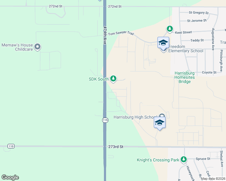 map of restaurants, bars, coffee shops, grocery stores, and more near 27260 South Dakota 115 in Harrisburg