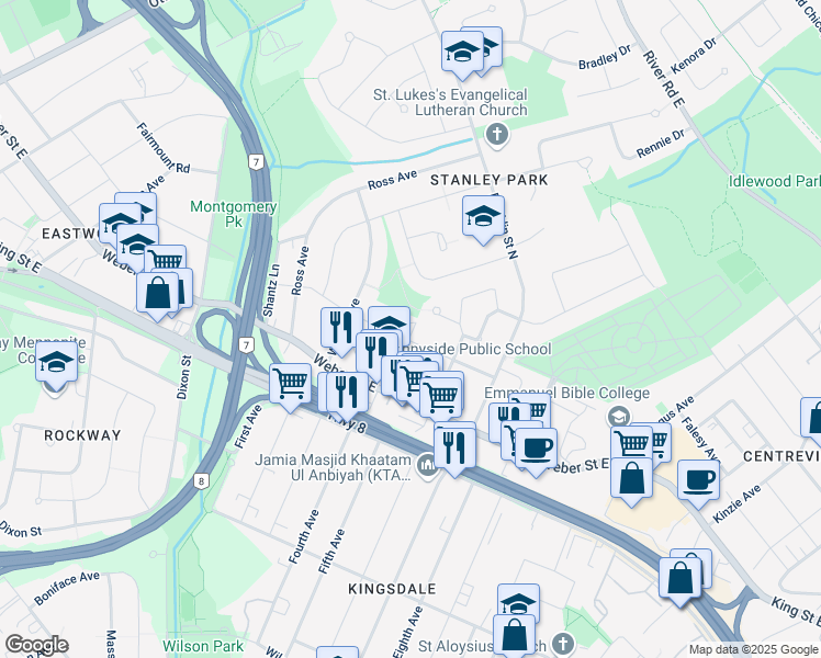 map of restaurants, bars, coffee shops, grocery stores, and more near 410 Prospect Avenue in Kitchener