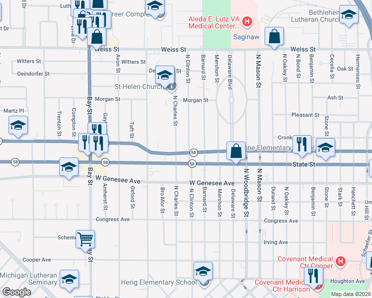 map of restaurants, bars, coffee shops, grocery stores, and more near 2001 Davenport Avenue in Saginaw